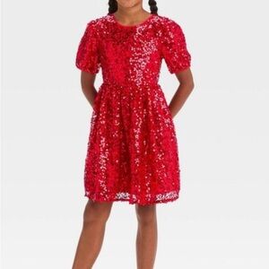 Cat & Jack Red Sequins Fit and Flare Puff Sleeves Dress (803)